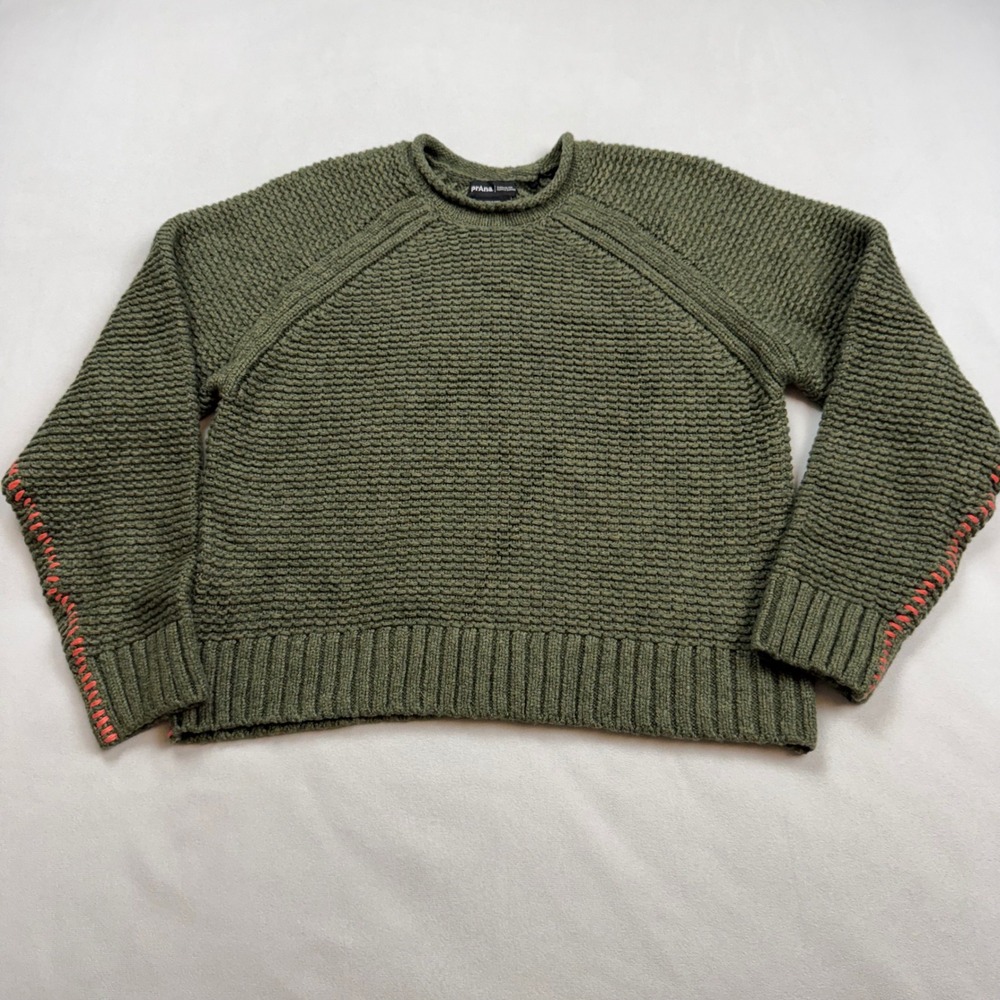 Prana Merino Wool Blend Popcorn Knit Sweater Olive Green Whipstitch Womens Sm